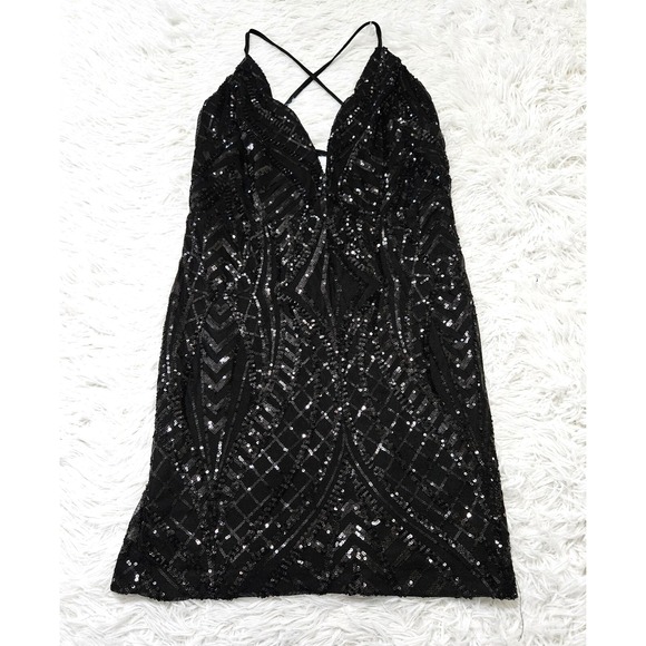 Lulus Women's Sz S Black Sequin Sleeveless‎ Plunge Neck Sexy Mini Dress Clubwear - Picture 2 of 10